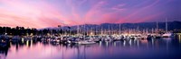 Boats Moored In Harbor At Sunset, Santa Barbara Harbor, California Framed Print