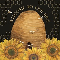 Honey Bees & Flowers Please on black III-Welcome Framed Print