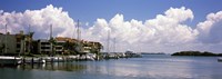 Boats docked in a bay, Cabbage Key, Sunshine Skyway Bridge in Distance, Tampa Bay, Florida, USA Fine Art Print