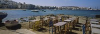 Tables and chairs in a cafe, Greece Fine Art Print
