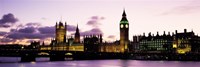 Buildings lit up at dusk, Big Ben, Houses of Parliament, Thames River, City Of Westminster, London, England Fine Art Print