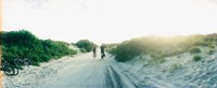 Rear view of a couple cycling along a beach trail, Fort Tilden, Queens, New York City, New York State, USA Fine Art Print