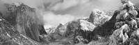 Black and white view of Mountains and waterfall in snow, El Capitan, Yosemite National Park, California Framed Print