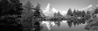 Reflection of trees and mountain in a lake, Matterhorn, Switzerland (black and white) Fine Art Print