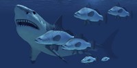 A school of fish encounter a monstrous Megalodon shark Framed Print