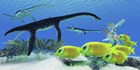 A school of Lemonpeel Angelfish swim by Plesiosaurus dinosaurs Framed Print