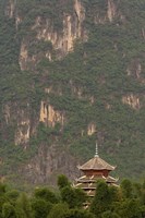 Pagoda and giant karst peak behind, Yangshuo Bridge, China Fine Art Print
