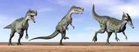 Three Monolophosaurus dinosaurs standing in the desert Framed Print