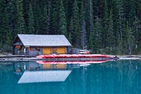 Canoe rental house on Lake Louise, Banff National Park, Alberta, Canada Fine Art Print