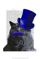 Grey Cat With Blue Top Hat and Blue Moustache Framed Print