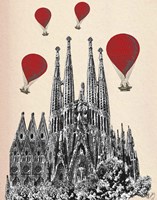 Sagrada Familia and Red Hot Air Balloons Framed Print