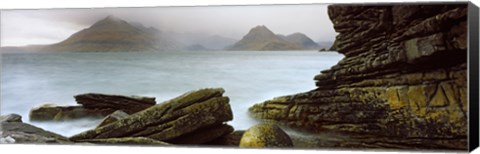 Framed Rock formations at coast, Black Cuillin, Elgol, Isle of Skye, Inner Hebrides, Highlands Region, Scotland Print