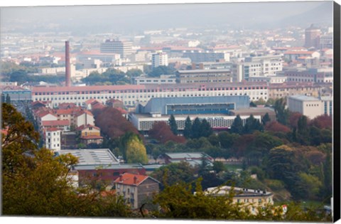 Framed Aerial view of city and Michelin tire factory from Parc de Montjuzet, Clermont-Ferrand, Auvergne, Puy-de-Dome, France Print