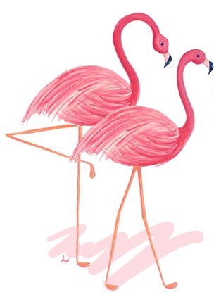 Framed Flamingo Walk Watercolor I Print