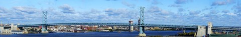 Framed Suspension bridge across a river, Ben Franklin Bridge, Delaware River, Philadelphia, Pennsylvania, USA Print