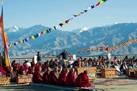 Framed Tibetan Ceremony in Shanti Stupa, Leh, Ladakh, India Print