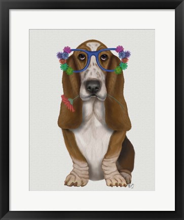 Framed Basset Hound Flower Glasses Print