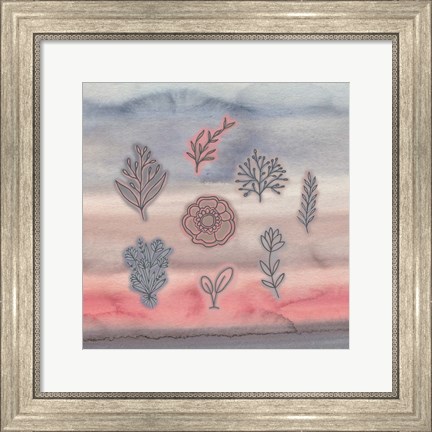 Framed Blue Pink Watercolor and Floral Print