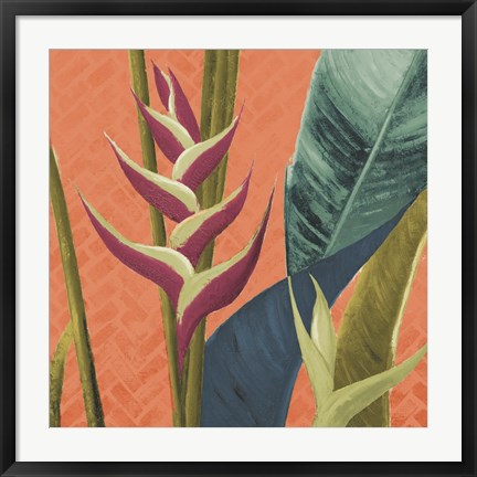 Framed Heliconias with Leaves on Orange Print