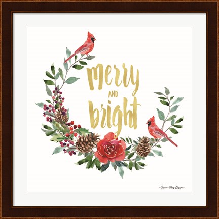 Framed Merry and Bright Wreath with Cardinals Print