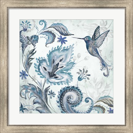 Framed Watercolor Boho Blue Hummingbird II Print