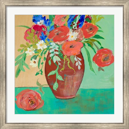 Framed Vase of Peach and Blue Roses Print