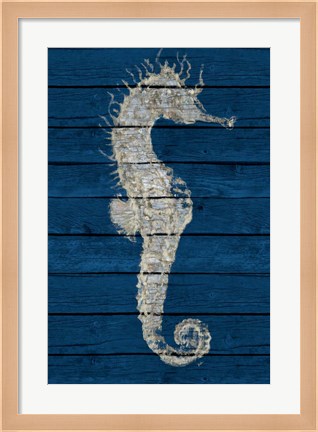 Framed Antique Seahorse on Blue I Print