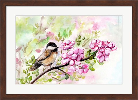 Framed Spring Chickadee and Apple Blossoms Print