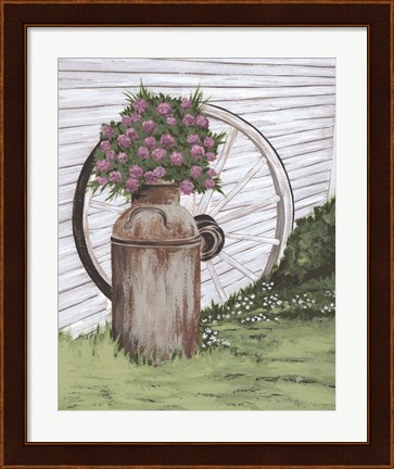 Framed Rusted Milk Can with Wagon Wheel Print