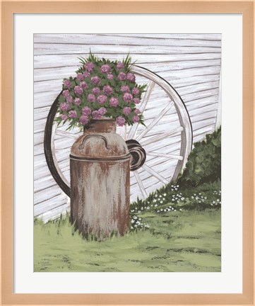 Framed Rusted Milk Can with Wagon Wheel Print