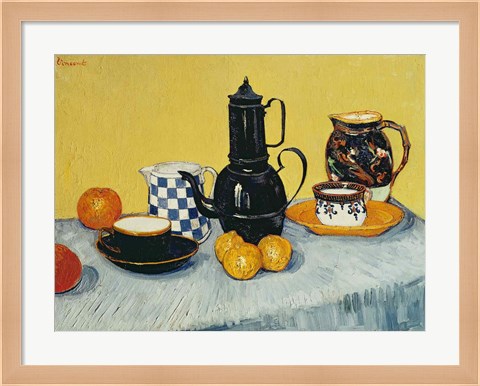 Framed Still Life with Blue Enamel Coffeepot, Earthenware and Fruit Print