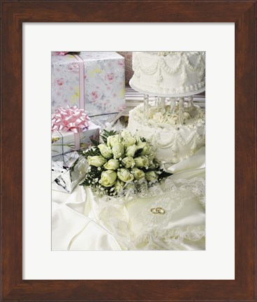 Framed Cake with rings and gifts on a sheet Print