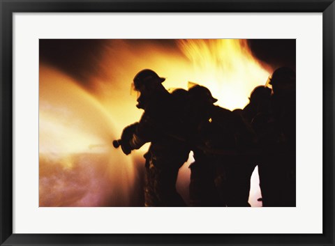 Framed Firefighters Extinguishing A Fire With Water Print