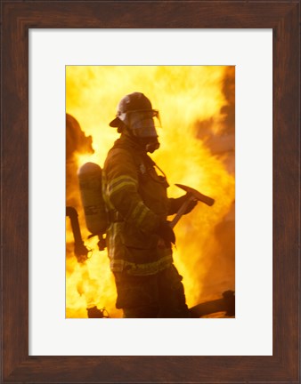 Framed Side profile of a firefighter (holding axe) Print