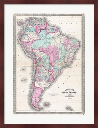 Framed 1870 Johnson Map of South America Print