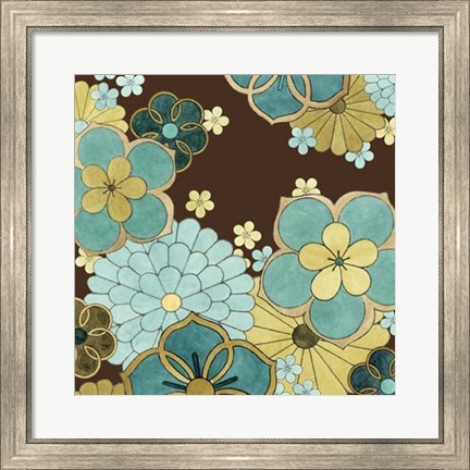 Framed Cascading Blooms in Teal I Print