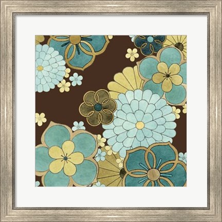 Framed Cascading Blooms in Teal II Print