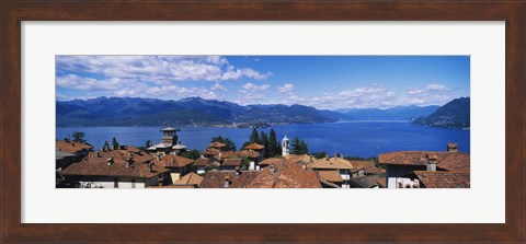 Framed High angle view of buildings near a lake, Lake Maggiore, Vedasco, Italy Print