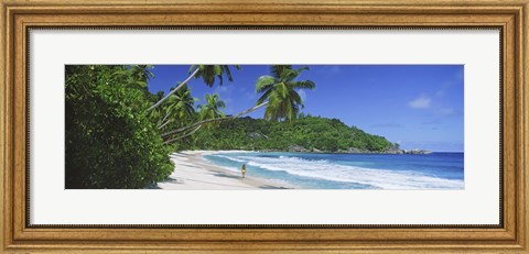 Framed Woman walking on the beach, Anse Takamaka Beach, Mahe Island, Seychelles Print