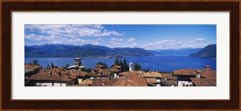 Framed High angle view of buildings near a lake, Lake Maggiore, Vedasco, Italy Print