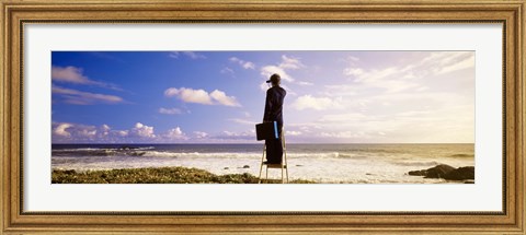 Framed Businessman Standing On A Ladder And Looking Through Binoculars, California, USA Print