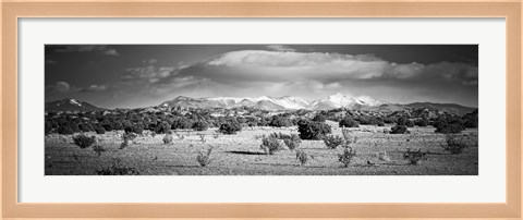 Framed High desert plains landscape with snowcapped Sangre de Cristo Mountains in the background, New Mexico (black and white) Print