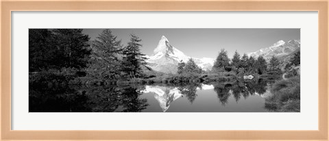 Framed Reflection of trees and mountain in a lake, Matterhorn, Switzerland (black and white) Print