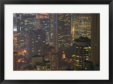 Framed High angle view of buildings lit up at dusk, Central District, Hong Kong Print