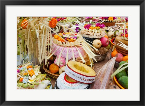 Framed Many of the offerings on cart in front of a temple in Tampaksiring, Bali, Indonesia Print