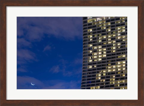 Framed Low angle view of a shopping centre with crescent moon at dusk, Marina Bay Sands, Singapore Print