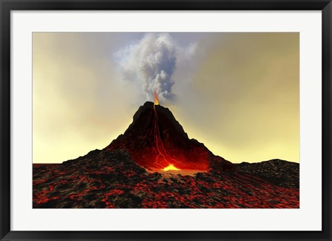 Framed active volcano spews out hot red lava and smoke Print