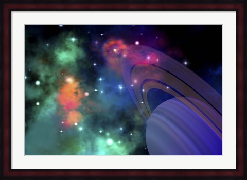 Framed Colorful nebula near a ringed planet Print