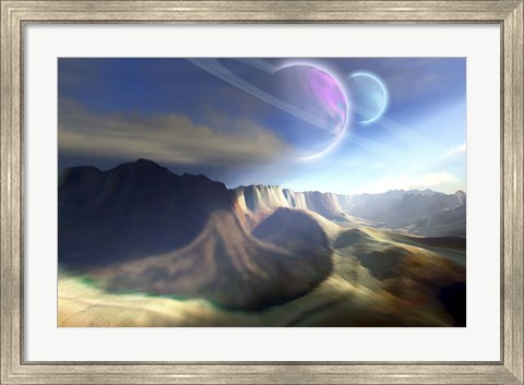 Framed Mountainous landscape on a futuristic world with two beautiful moons Print