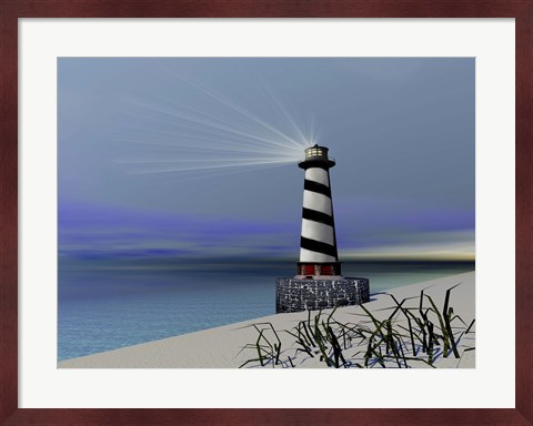 Framed lighthouse sends out a light to warn vessels Print